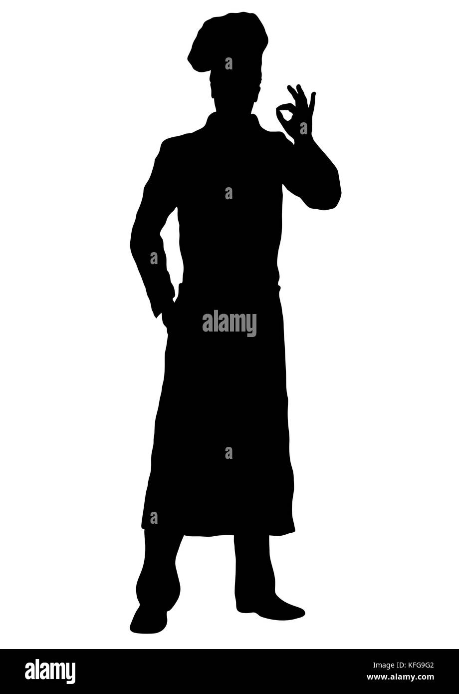 Cook vector silhouette, outline chef standing front side full-length, contour portrait male young human in a chef's form, toque, in an apron, isolated Stock Vector