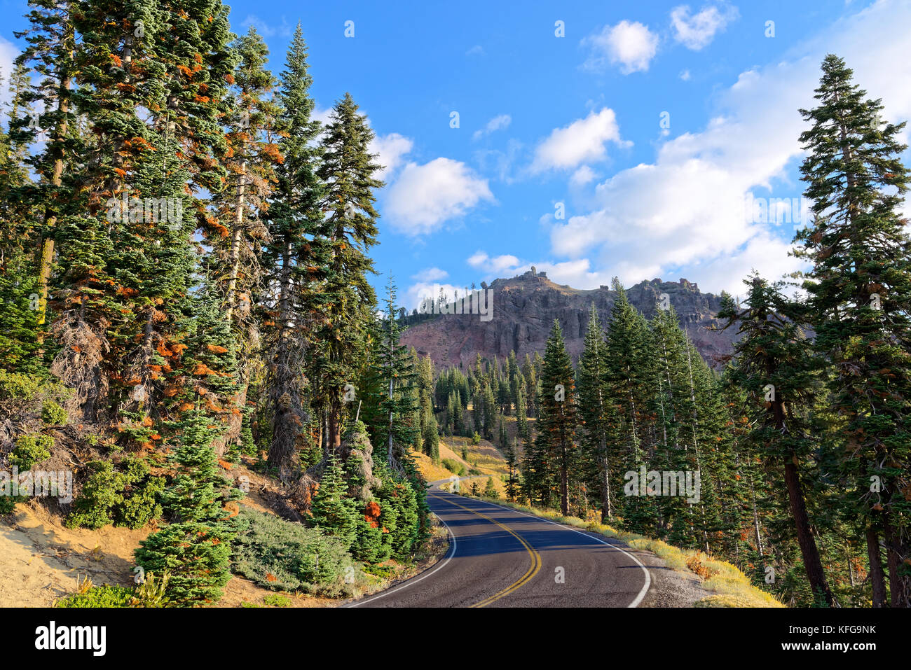 Lassen Volcanic National Park Highway with Bumpass Mountain in the background Stock Photo
