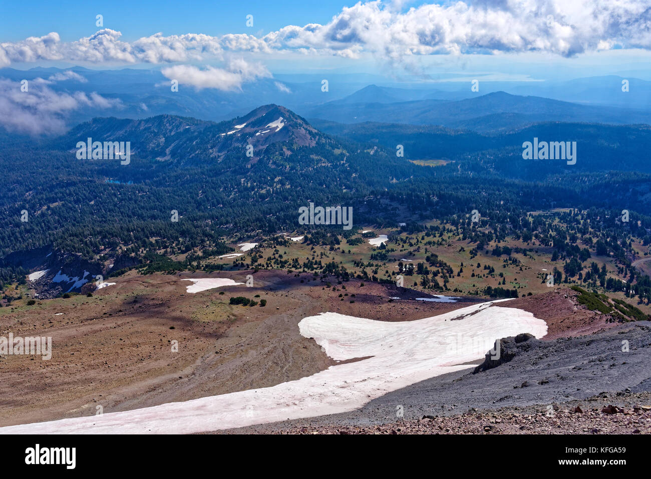 Vista from Lassen Peak in Lassen Volcanic National Park, California Stock Photo