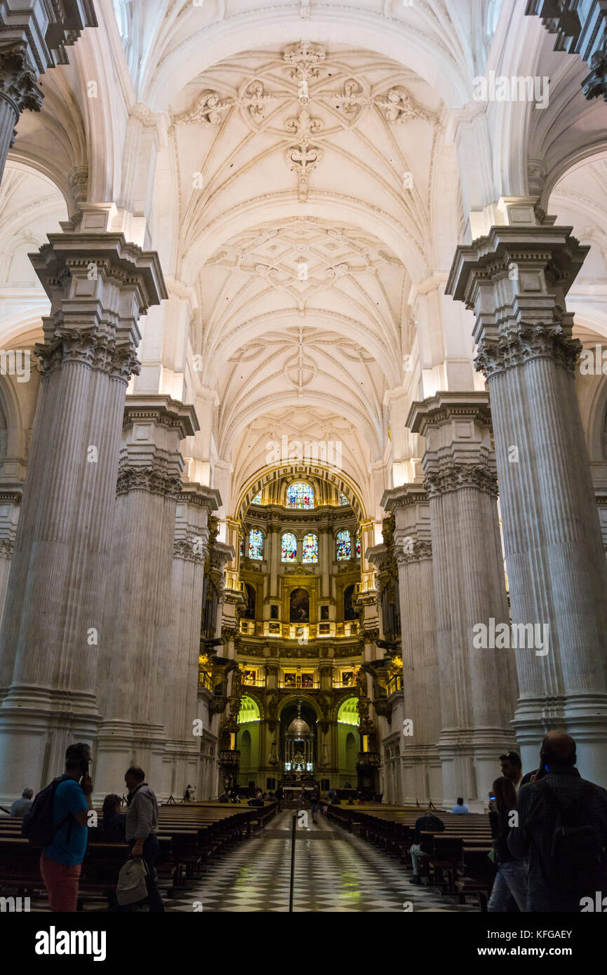 Nave and choir of Metropolitan Holy Cathedral Church of the Incarnation, in baroque style, Granada, Andalucia, Spain Stock Photo