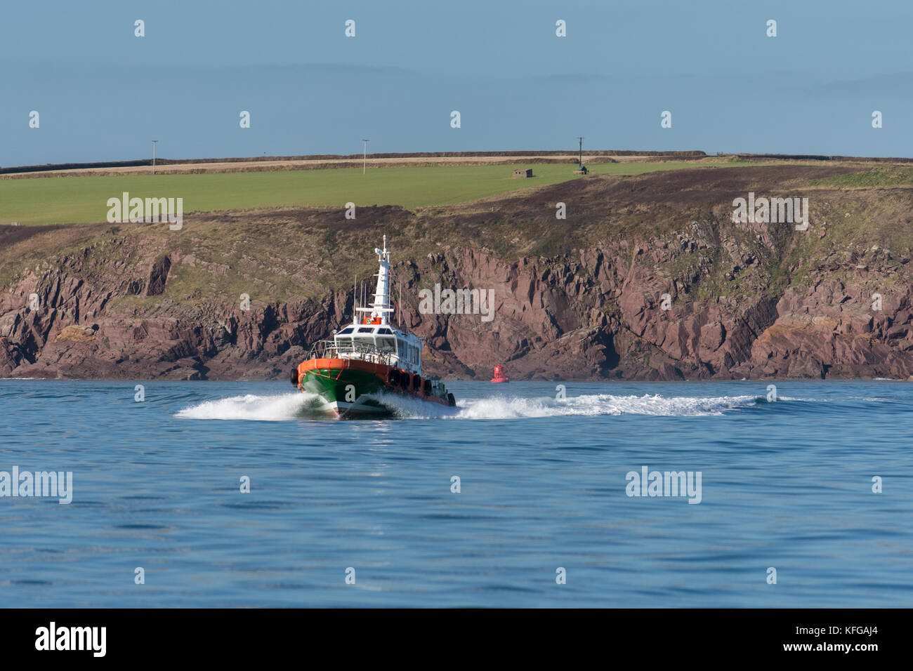 Pilot vessel Picton at speed in the entrance to Milford Haven, Pembrokeshire Stock Photo