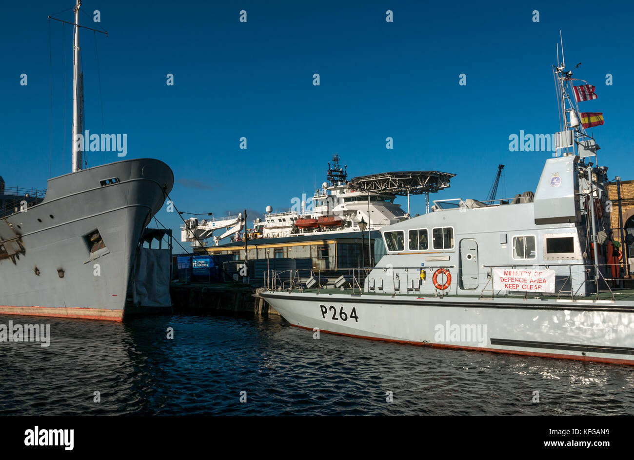 Ships in dock, HMS Archer P264, Royal Navy Ministry of Defence vessel