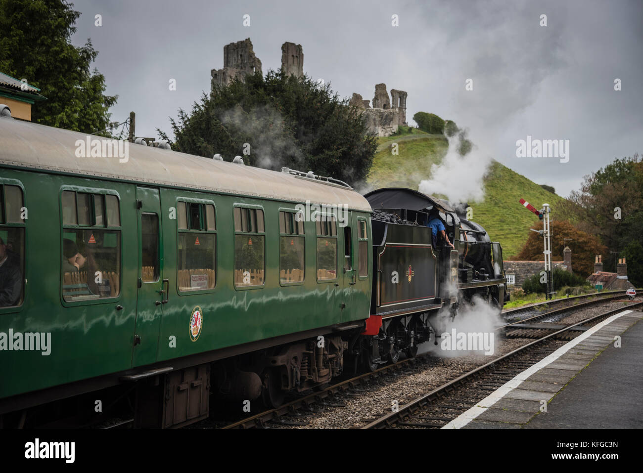Steam train at Corfe Castle railway station, Dorset, uk Stock Photo
