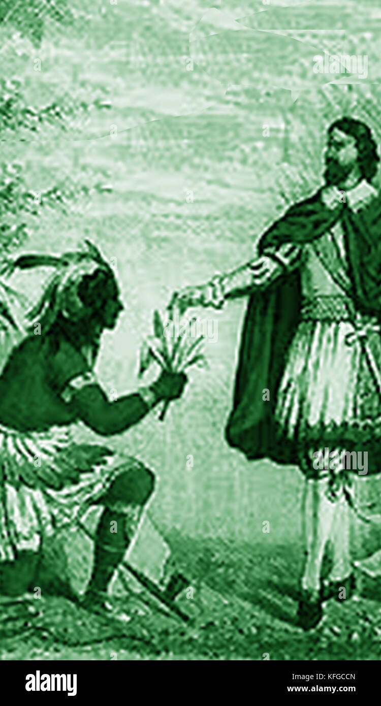 HISTORY OF TOBACCO - The first smoker. Rodrigo de Jerez, one of Columbus's sailors was offered tobacco by a native Indian and shown how to smoke it Stock Photo