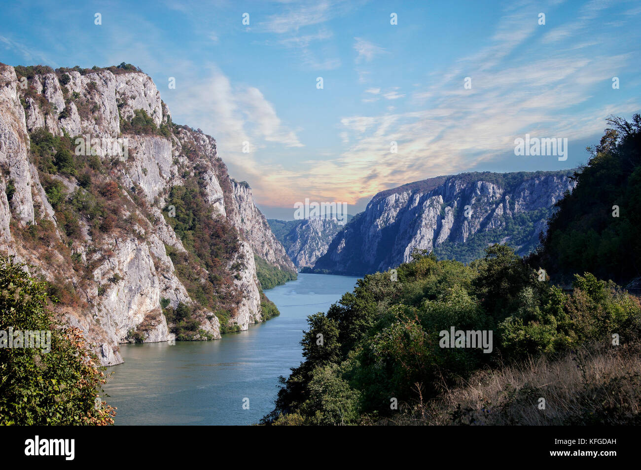 Danube river near the Serbian city of Donji Milanovac in the Iron Gates also known as Djerdap which are the Danube gorges a natural symbol of the bord Stock Photo