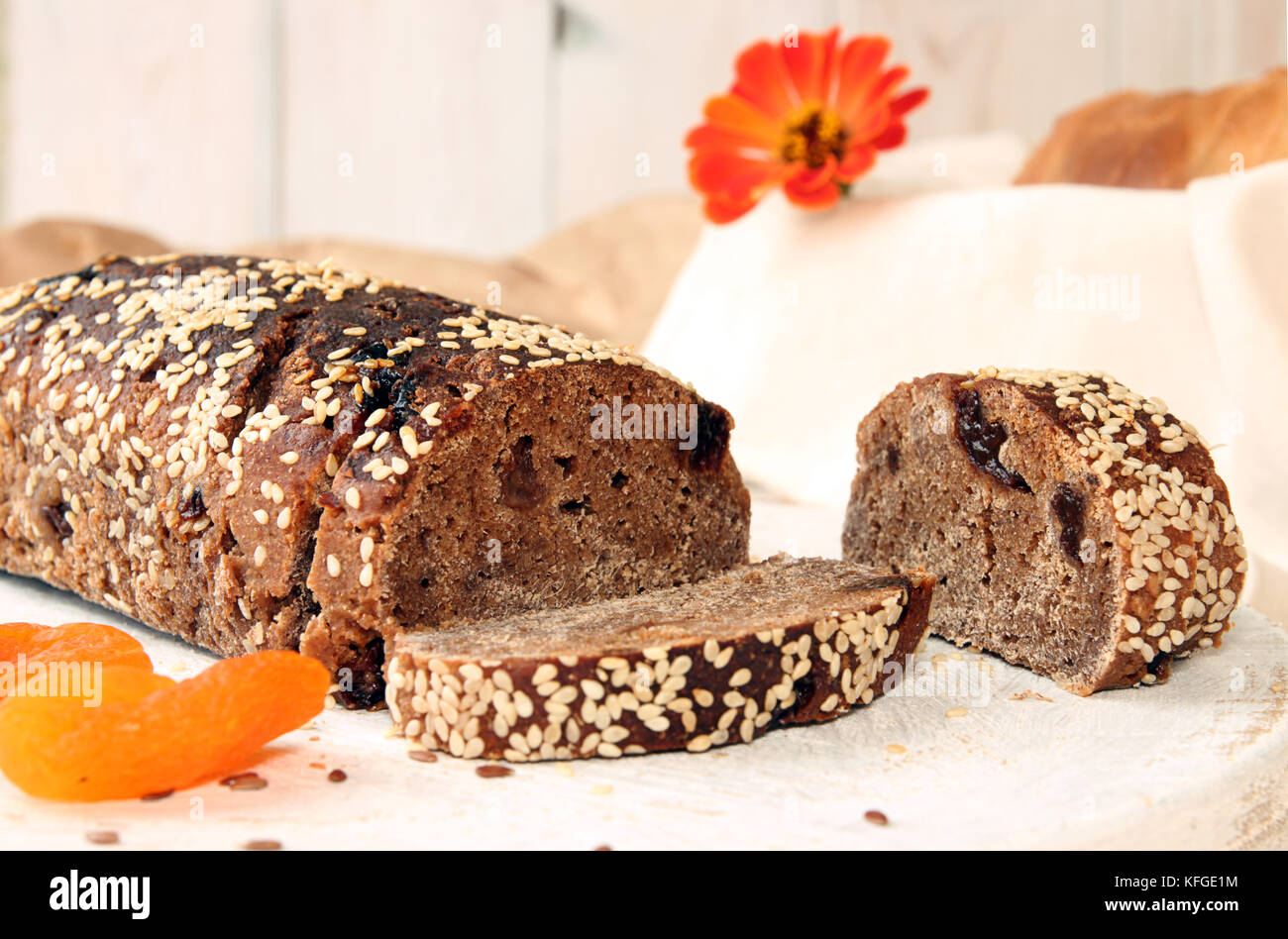Loaf of rye unleavened bread without yeast with dried apricots and