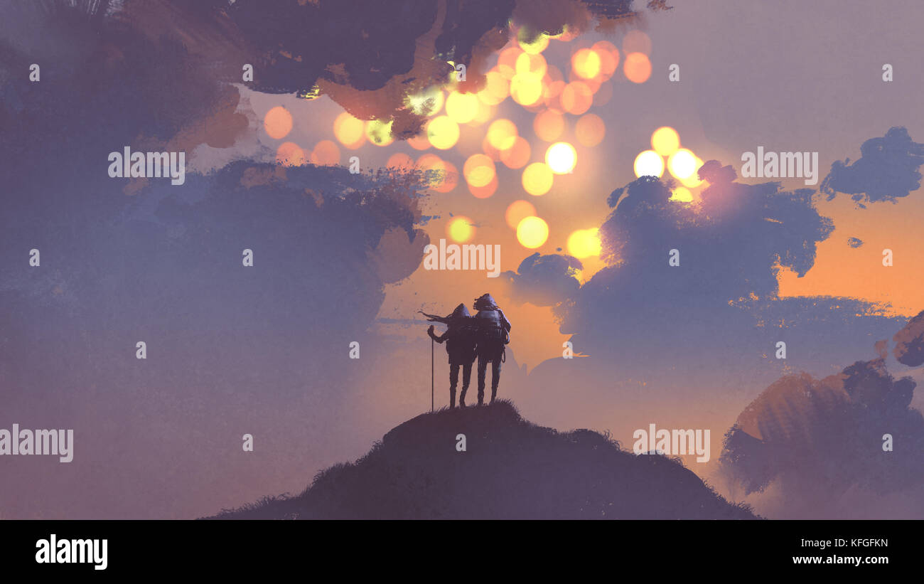 couple of hikers on top of mountain looking at many suns in the sky, digital art style, illustration painting Stock Photo