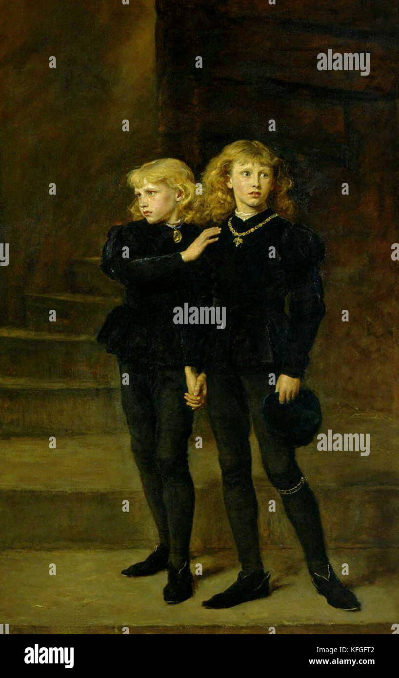 The Two Princes Edward and Richard in the Tower, 1483 by Sir John Everett Millais, 1878, 'The Princes in the Tower' Edward V, King of England and Richard of Shrewsbury, Duke of York. Stock Photo