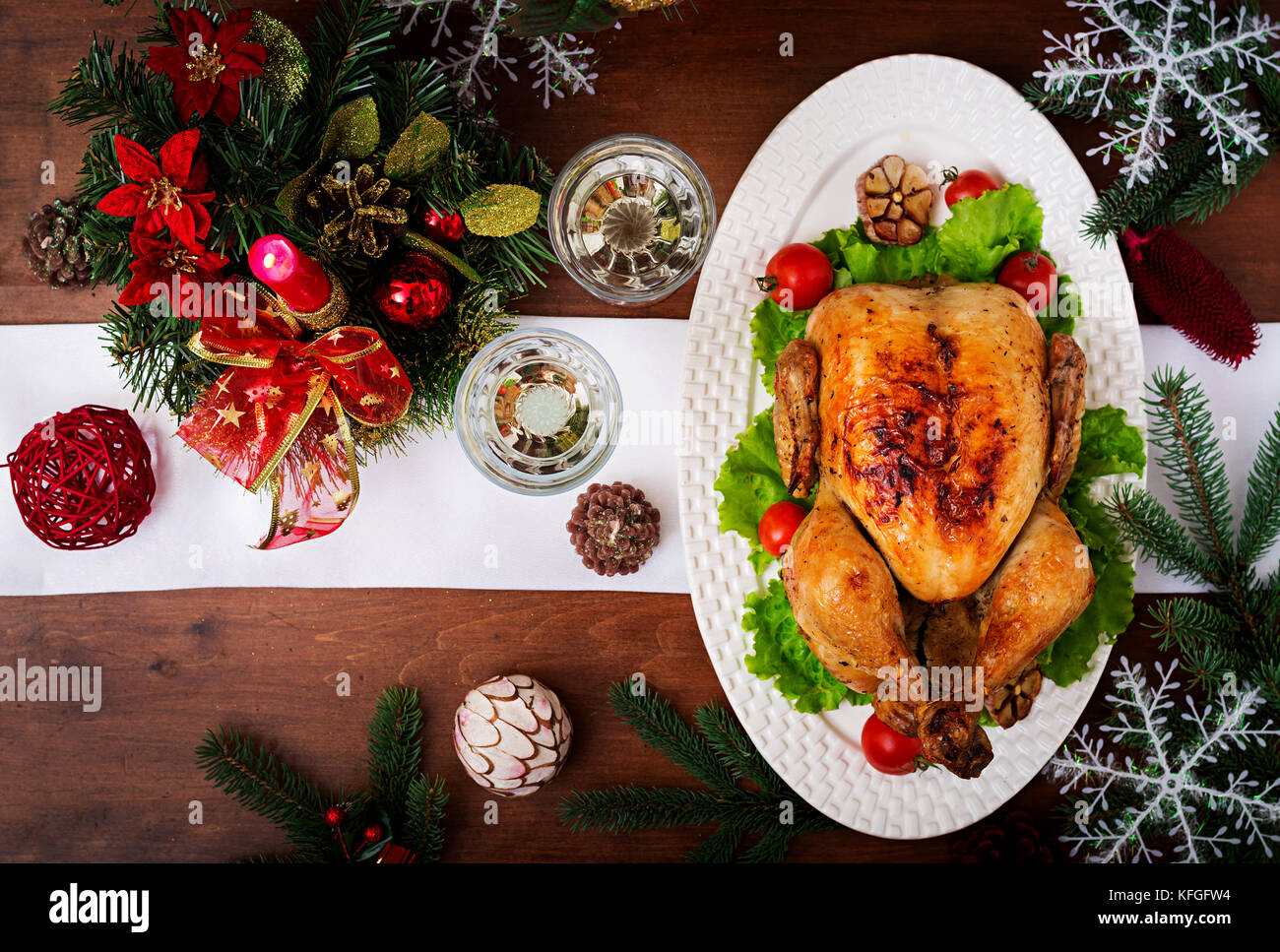 Baked turkey or chicken. The Christmas table is served with a turkey