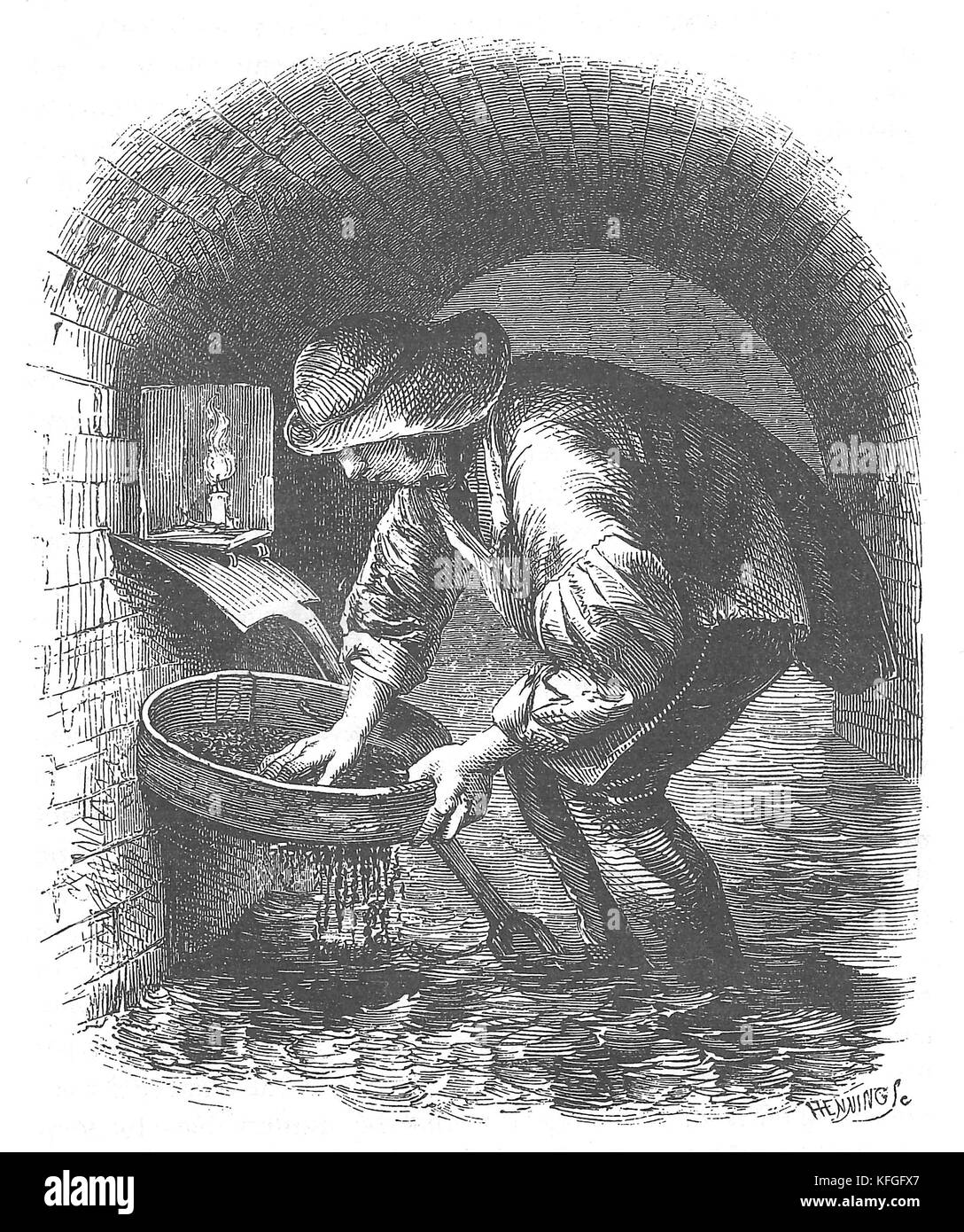 Kosher or sewer hunter, An 1851 illustration of a sewer-hunter or 'tosher.' who scavenges in the sewers, especially in London during the Victorian era Stock Photo