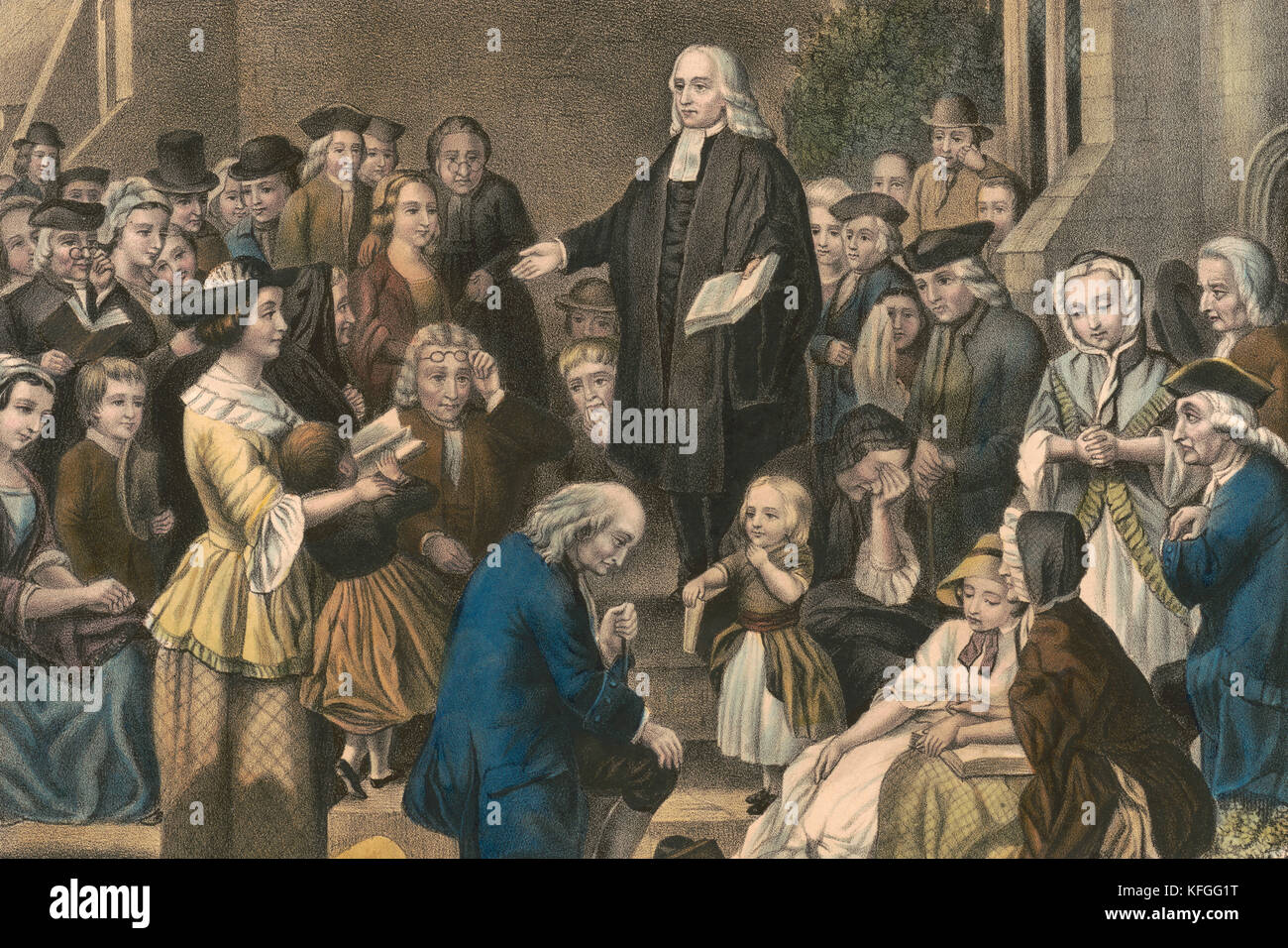 John Wesley preaching, Revd. John Wesley, English Anglican cleric and theologian who co-founded Methodism Stock Photo