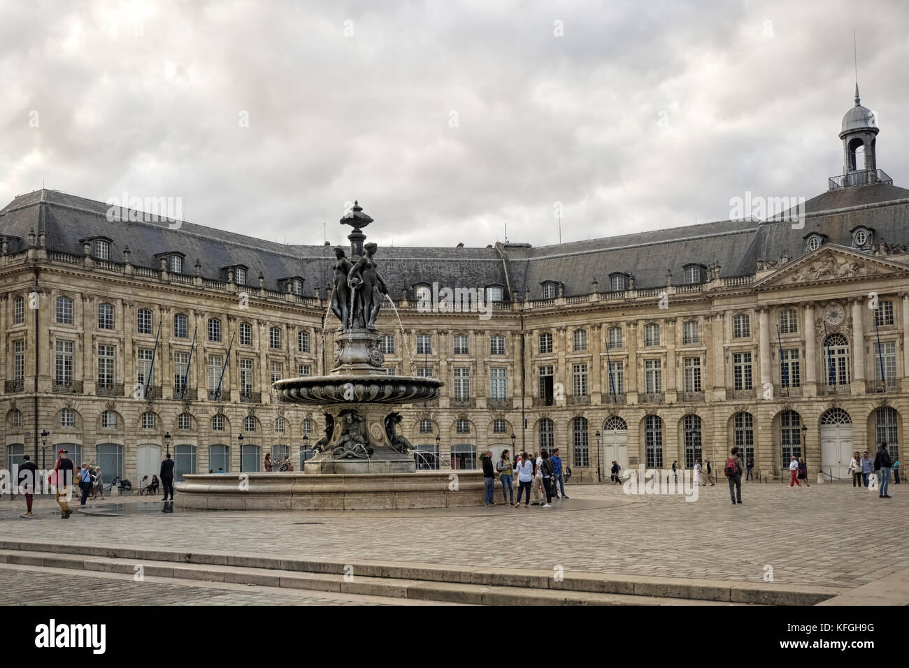 PLACE DE LA BOURSE, BORDEAUX, FRANCE:  The Fouuntain in the centre of Place de la Bourse Square. Stock Photo