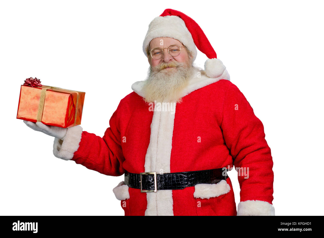 Santa with red gift box, white background. Portrait of old Santa Claus ...