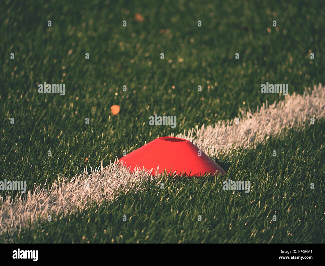 Training mark in soccer playfield. White line marks painted on