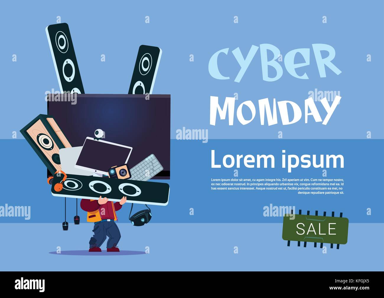 Man Holding Tv Plasma And Modern Electronics Gadgets Cyber Monday Sale Banner Design Concept Stock Vector