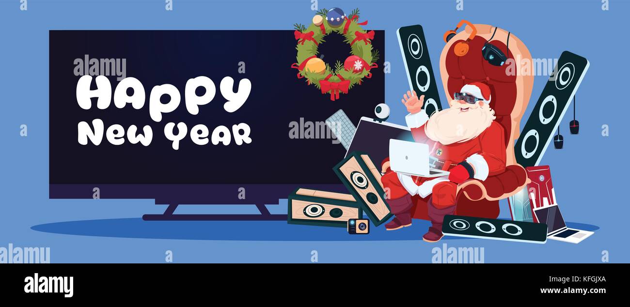 Happy New Year Banner With Santa Claus Sitting With Modern Electronics Gadgets And Plasma Tv On Background Stock Vector