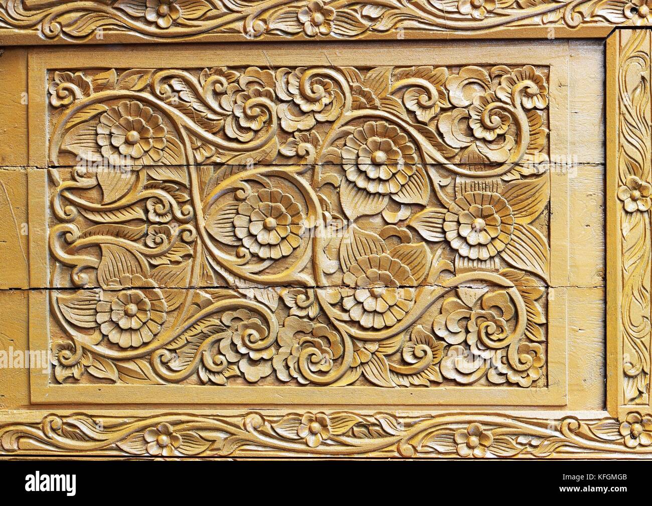 Pattern of flower carved on wood background Stock Photo - Alamy