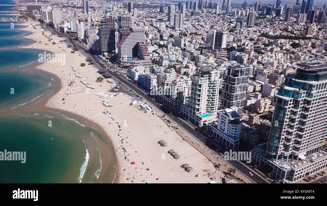 Tel Aviv coastline and skyline as seen from The Mediterranean sea. Stock Photo