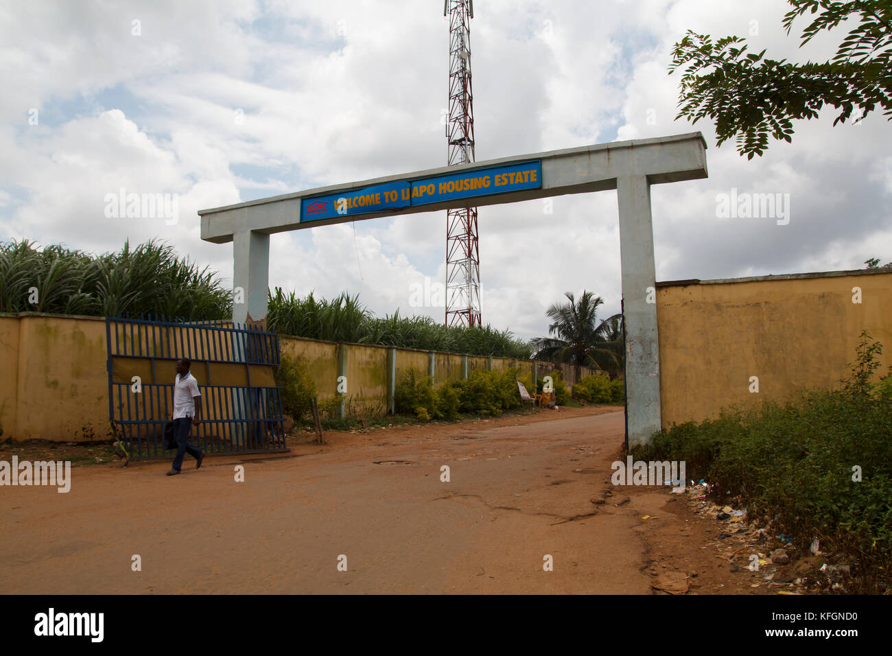 Entrance main gate of Ijapo in Akure, Nigeria, a housing estate neighborhood Stock Photo
