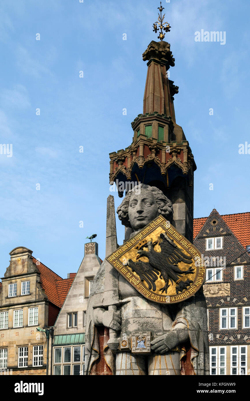 Statue of Roland in the Bremer Marktplatz (town hall square) in the city of Bremen in Germany. Erected in 1404, Roland is the legendary protector of t Stock Photo