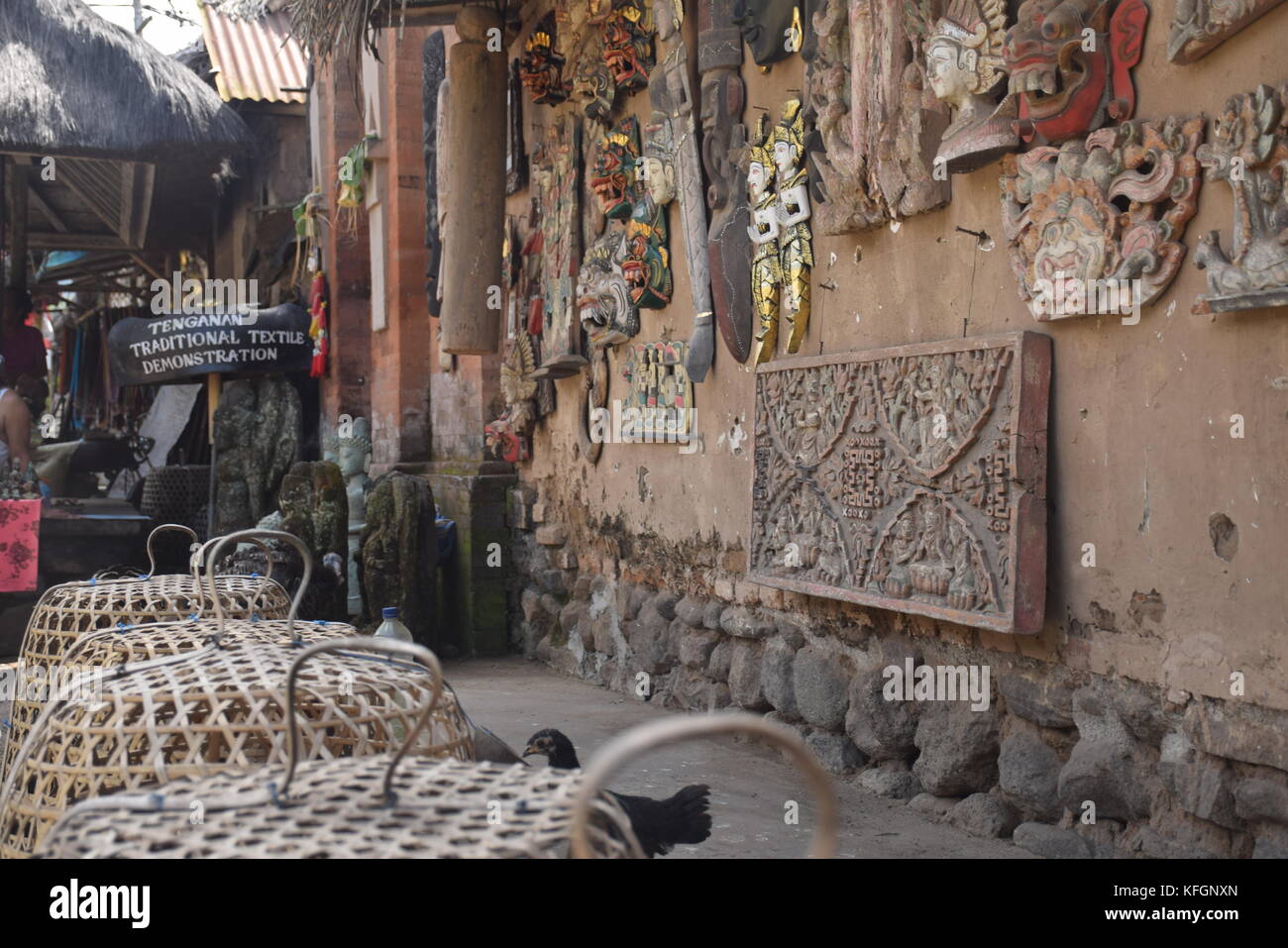 Traditional balinese wooden masks inside Tenganan Aga aboriginal village in Bali, Indonesia Stock Photo