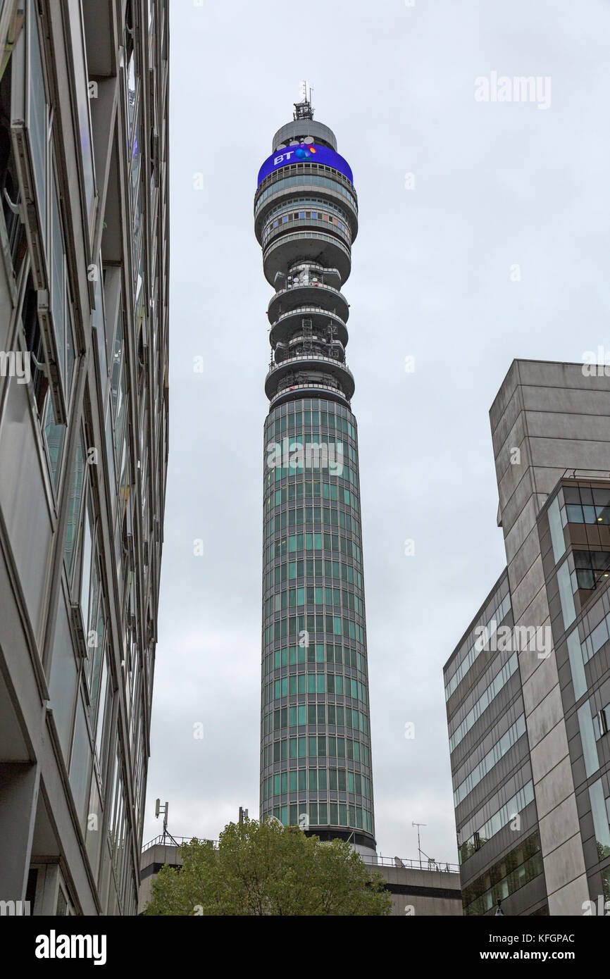 The BT Tower, formally the Post Office Tower , GPO Tower, and the Telecom Tower on Maple Street, Fitzrovia, London Stock Photo