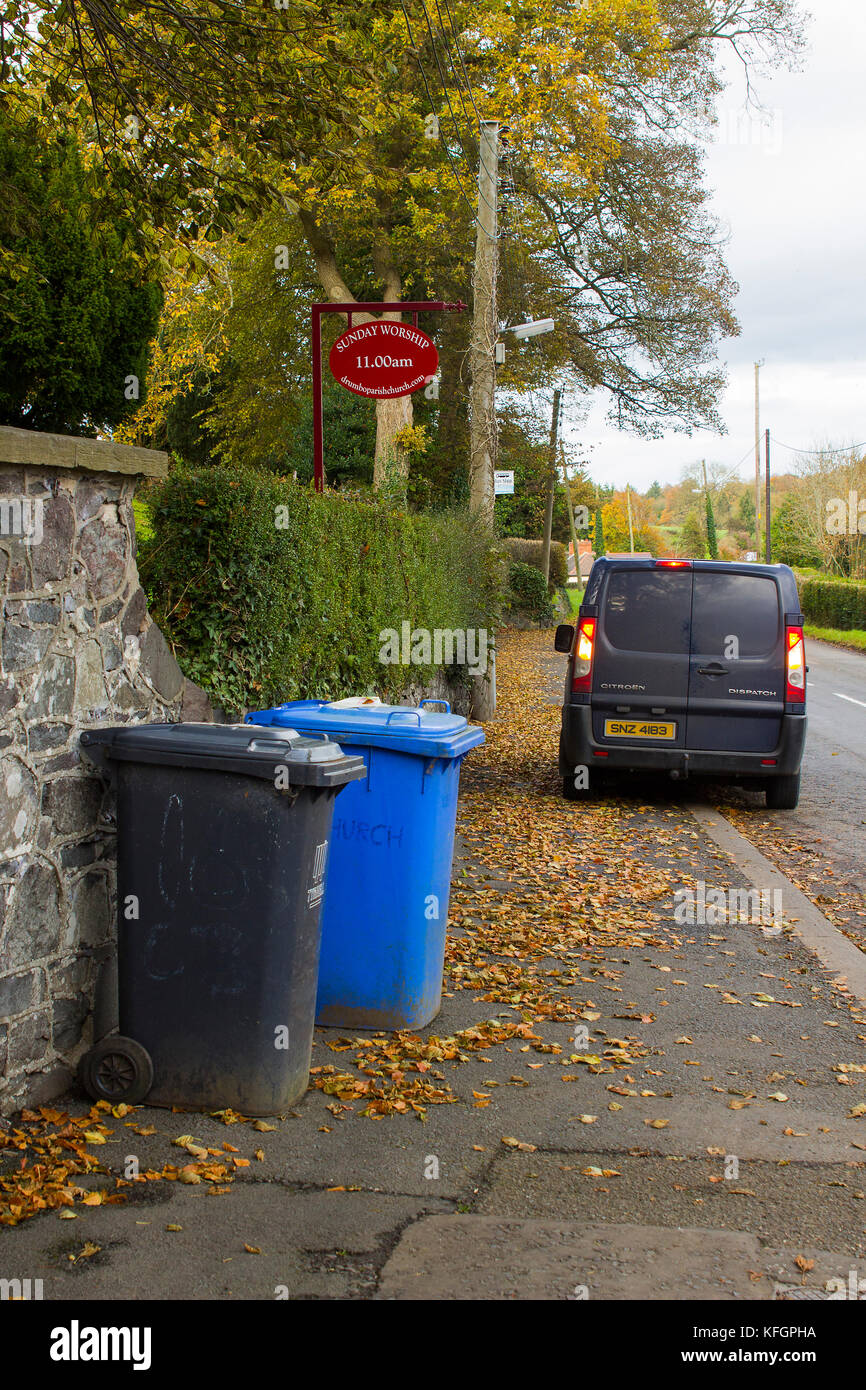 Waste bins awaiting collection outside Drumbo Parish Church in the