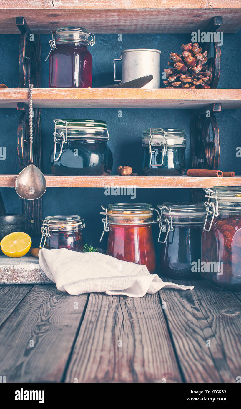 Homemade jam on shelves Stock Photo