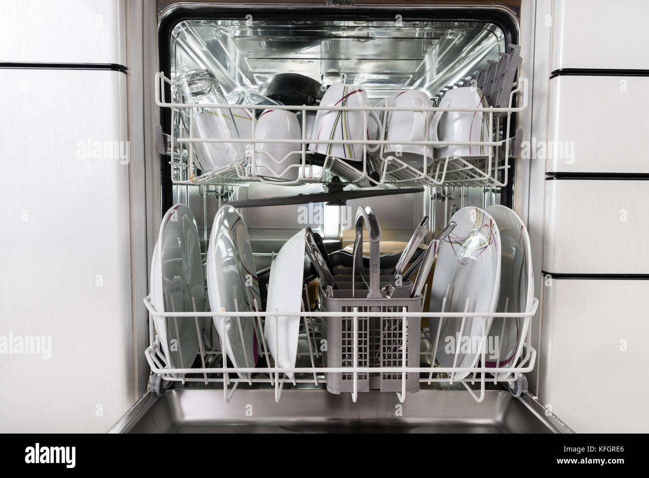 Photo Of Utensils Arranged In Dishwasher In Kitchen Stock Photo
