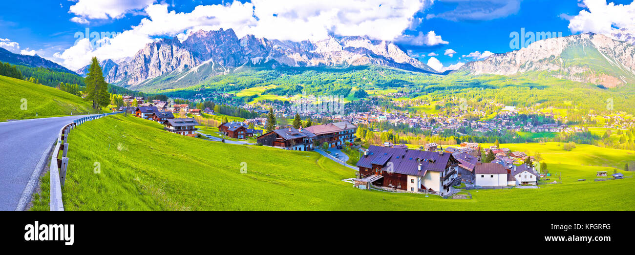 Beautiful town of Cortina d' Ampezzo in Dolomites Alps panoramic view, Veneto region of Italy Stock Photo