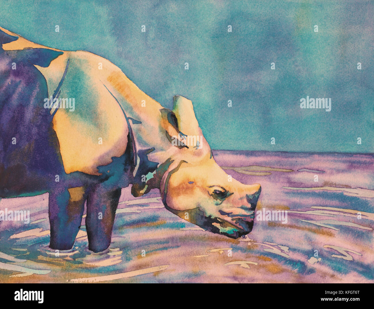 Fine art watercolor batik painting of rhinoceroses drinking water. Stock Photo