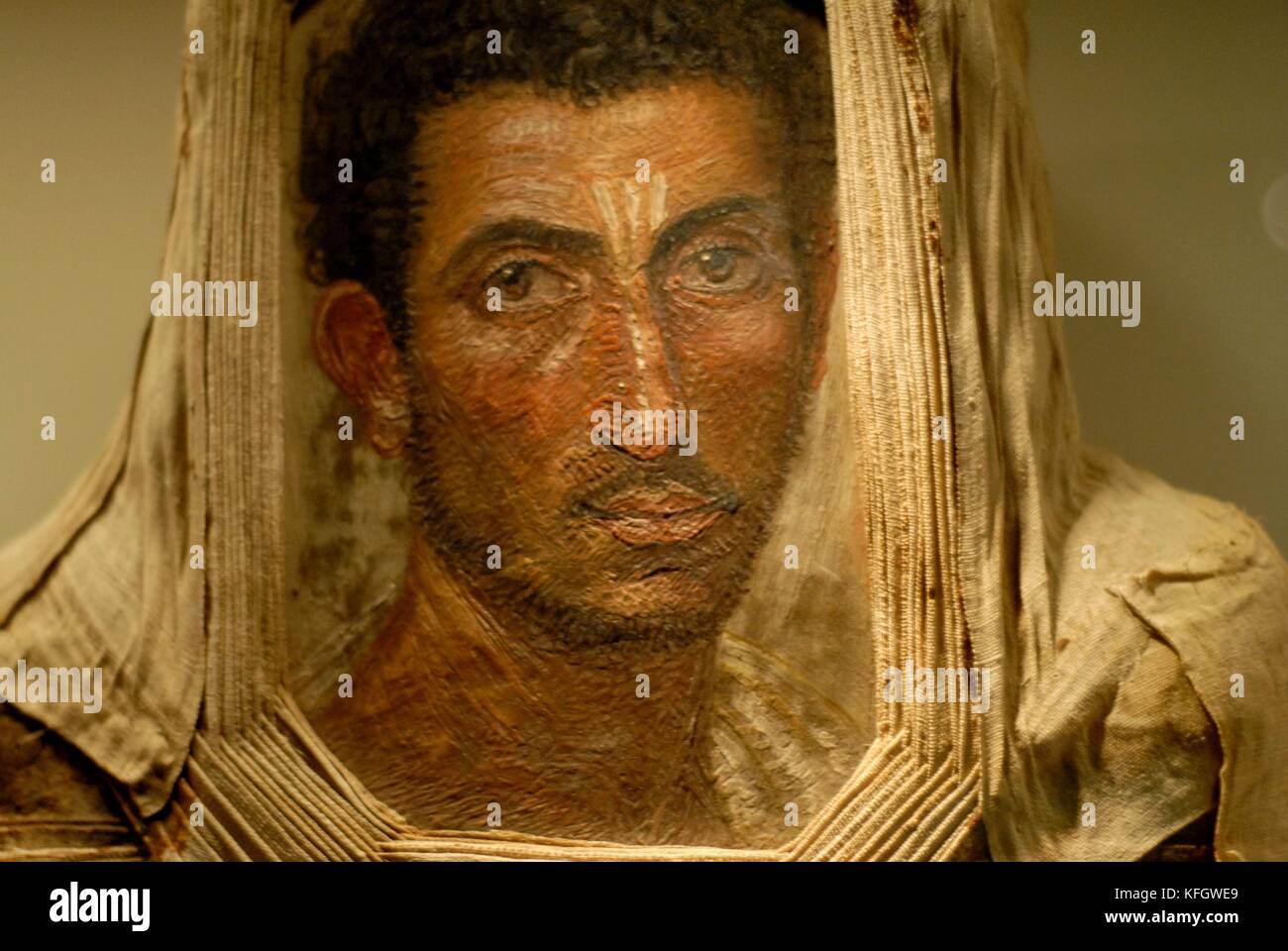 Fayum Portraits. Ancient Greek funeral paintings from 3rd century BC to 3rd century A.D. Egypt. Naturalistic mummy paintings. Stock Photo