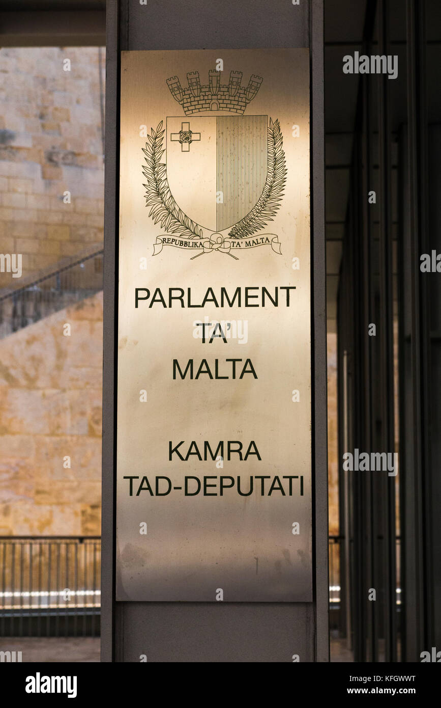Sign on the House of Representatives of Malta / parliament building of
