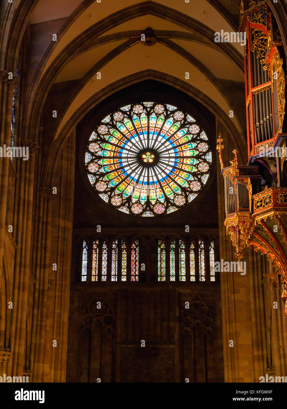 Pipe organ and rose window, Strasbourg Cathedral Stock Photo