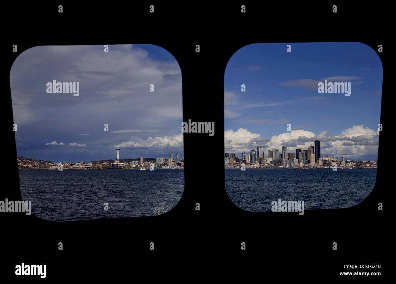 WA14053-00...WASHINGTON - The Seattle skyline viewed  through windows of a ferry bouat in the Puget Sound. Stock Photo