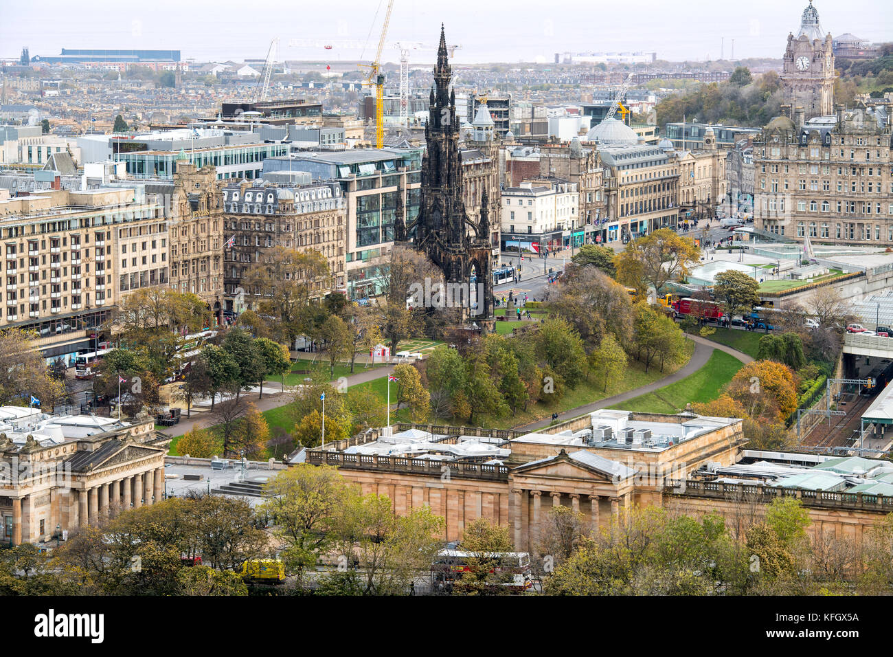 Edinburgh - New Town with the with the Firth of Forth in the background,and the Scott Monument in the foreground  from Edinburgh Castle Stock Photo