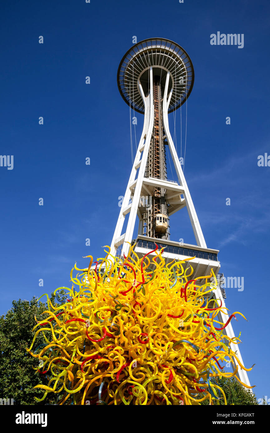 WA14113-00...WASHINGTON - Glass sculpture and space needle at the Chihuly Garden And Glass in the Seattle Center. Stock Photo