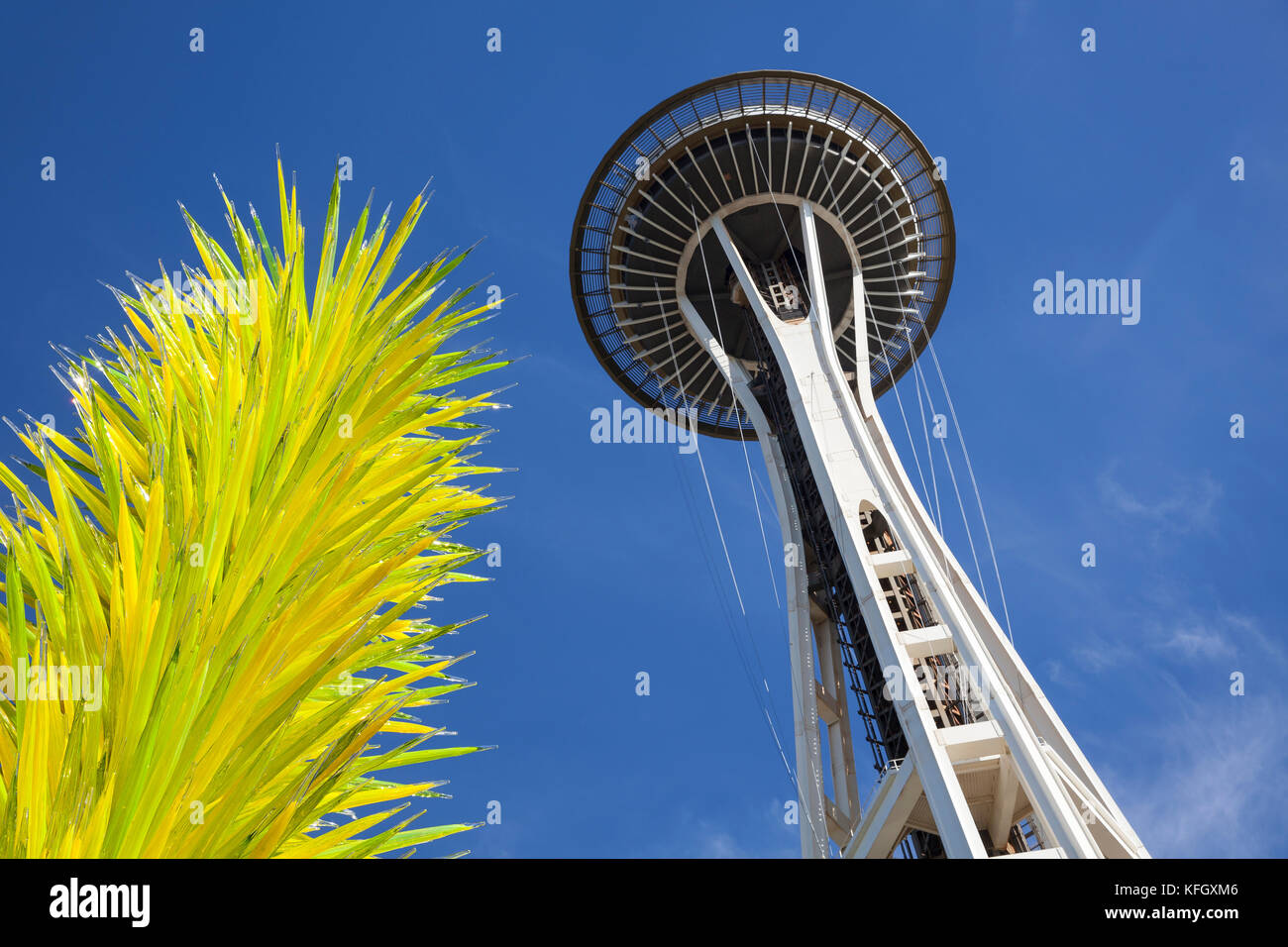 WA14115-00...WASHINGTON - Glass sculpture and Space Needle at the Chihuly Garden And Glass in the Seattle Center. Stock Photo