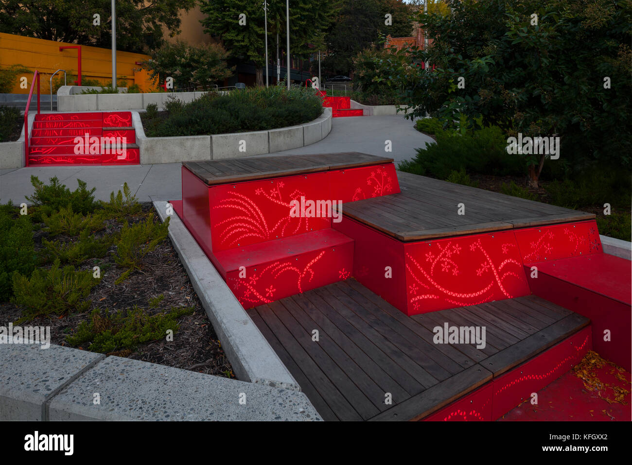 WA14158-00...WASHINGTON - Steps with chinese zodiac symbols light the walkways at Hing Hay Park in Seattles International District. Stock Photo