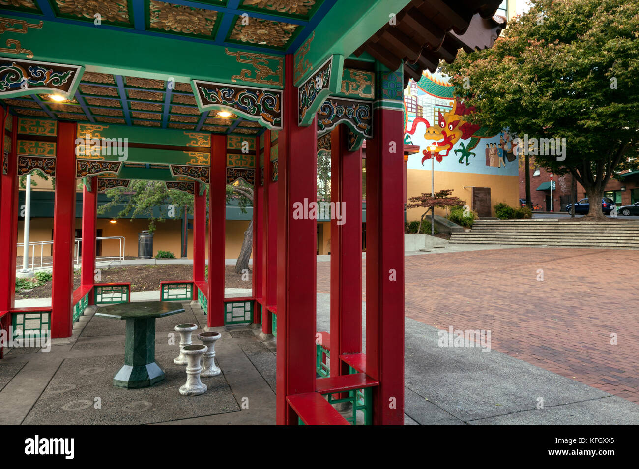 WA14159-00...WASHINGTON - Grand Pavilion at Hing Hay Park in Seattles International District. Stock Photo