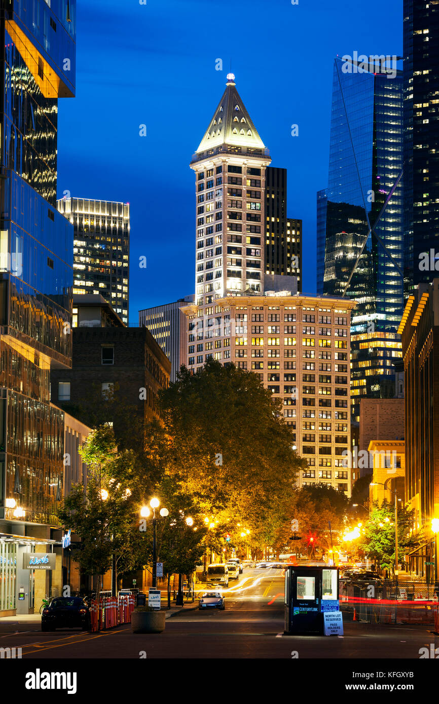 WA14167-00...WASHINGTON - Looking up 2nd Avenue South to the Smith Tower in downtown Seattle.Sky Stock Photo