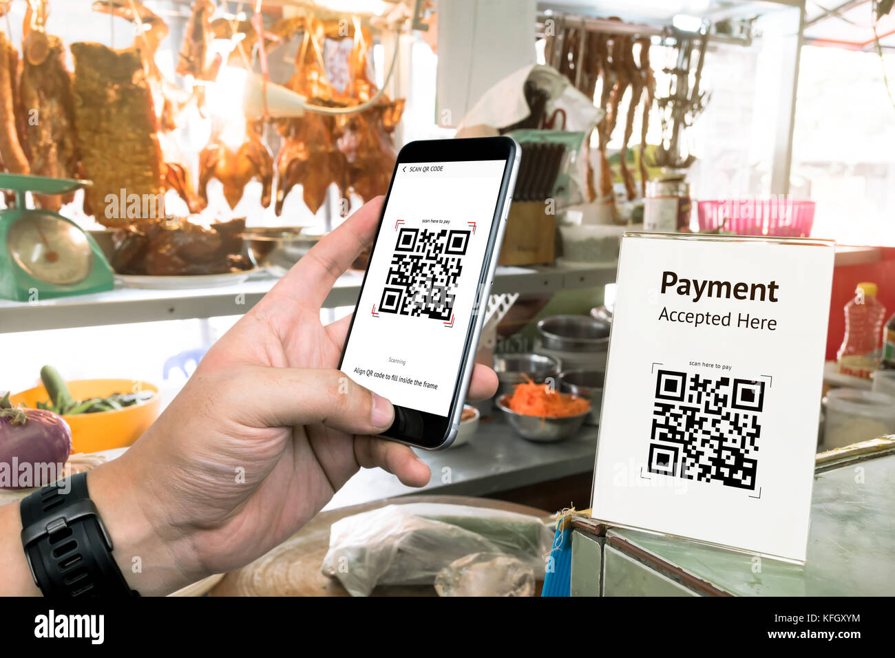 Qr code payment , online shopping , cashless technology concept. Restaurant  in market accepted digital pay without money , plastic tag on table and ha  Stock Photo - Alamy