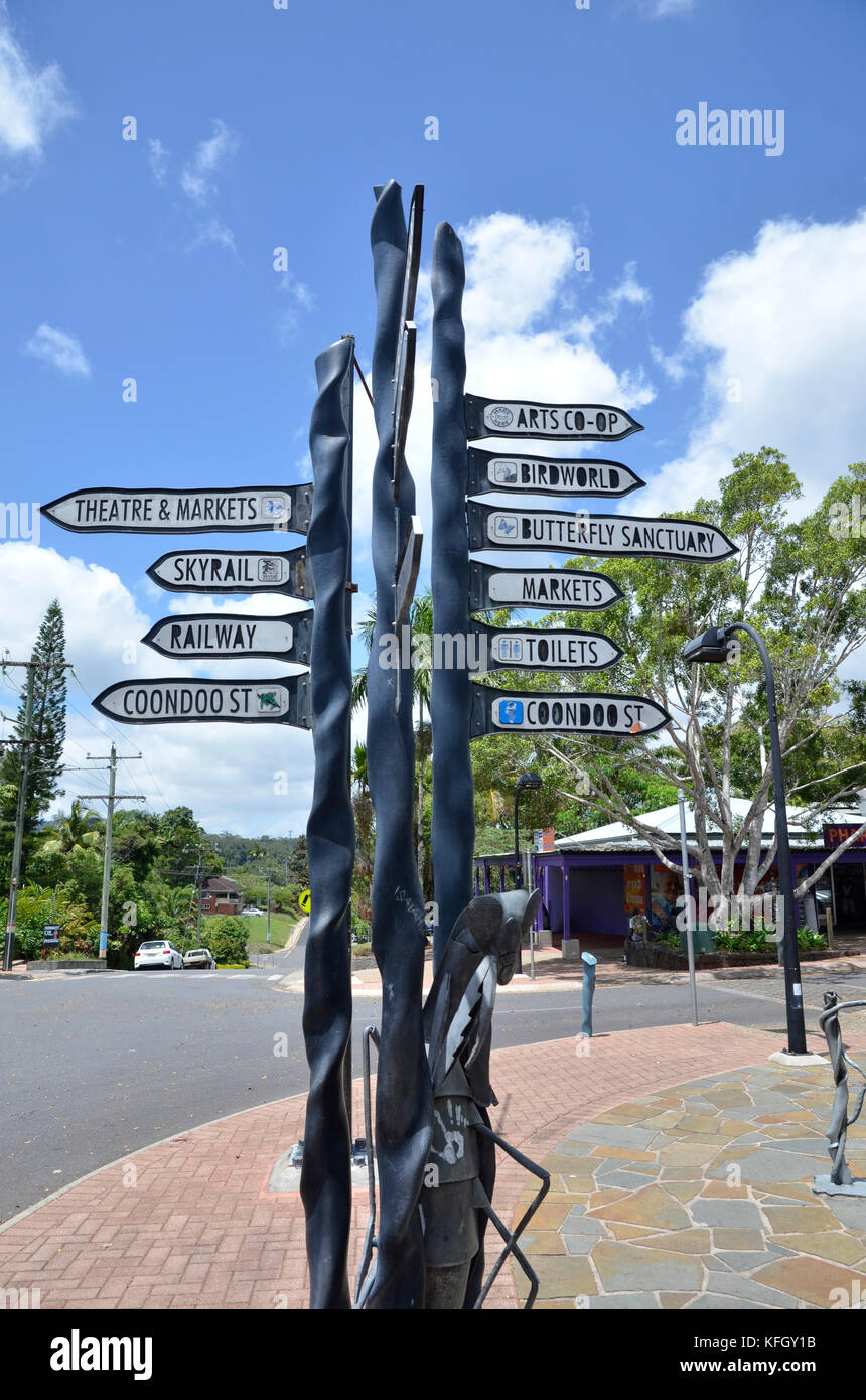 A street sign in Kuranda, northern Queensland, Australia showing popular tourist destinations Stock Photo