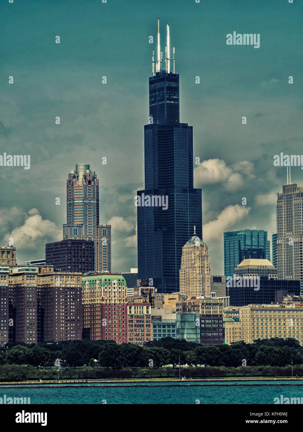 Chicago Skyline Buildings - Dark Cross Processing Artistic Effect - Chicago, Illinois, USA Stock Photo