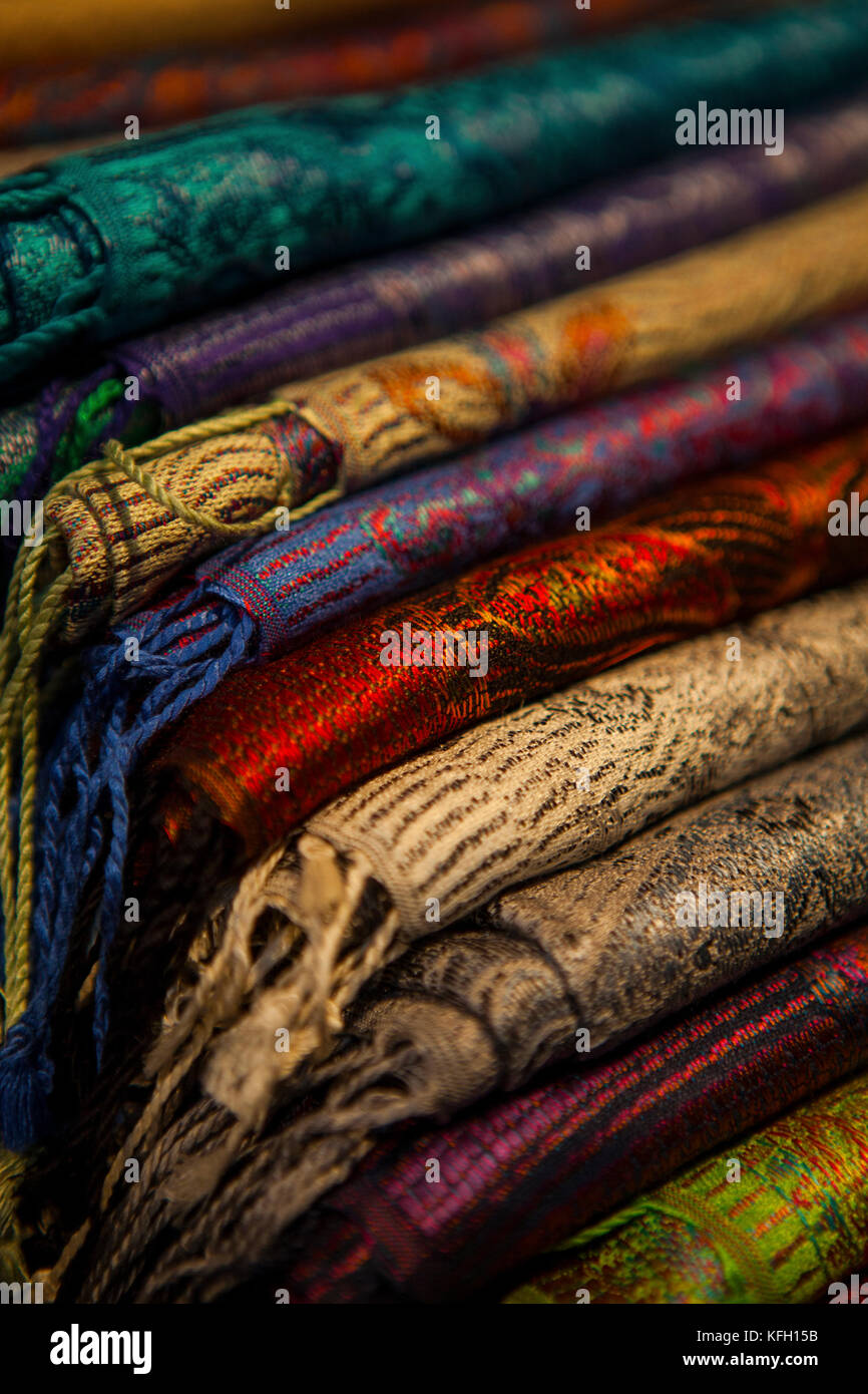 Silk and wool scarfs in a market Stock Photo