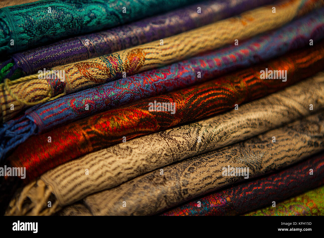 Silk and wool scarfs in a market Stock Photo