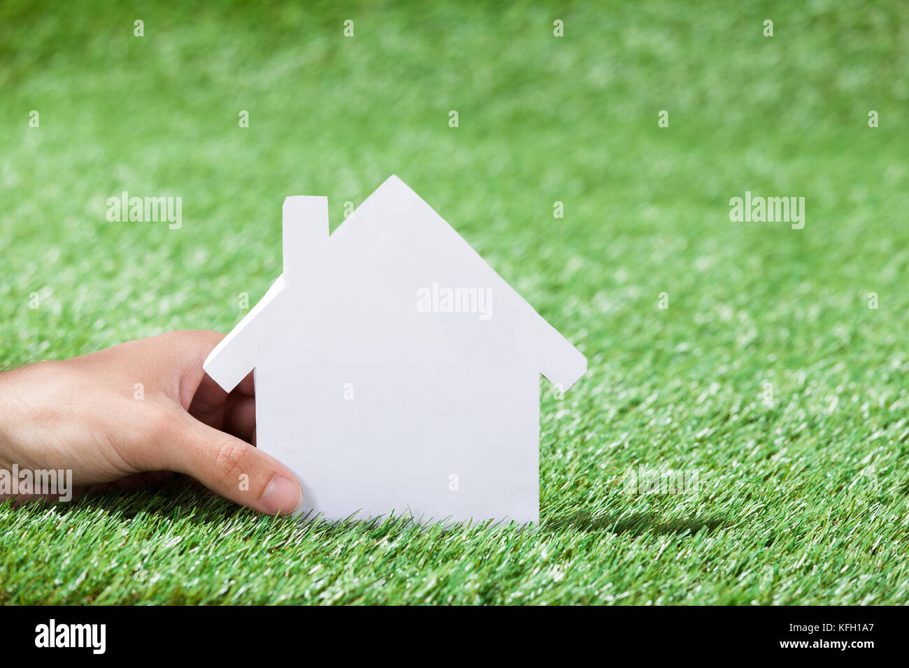 Closeup of man's hand holding house model in green field Stock Photo ...