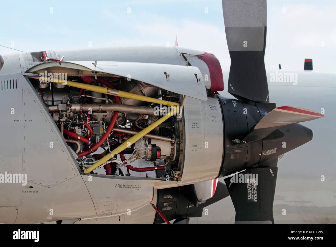 Close-up of an Allison T56 turboprop engine on a German Navy P-3C Orion maritime patrol aircraft with open inspection panel Stock Photo