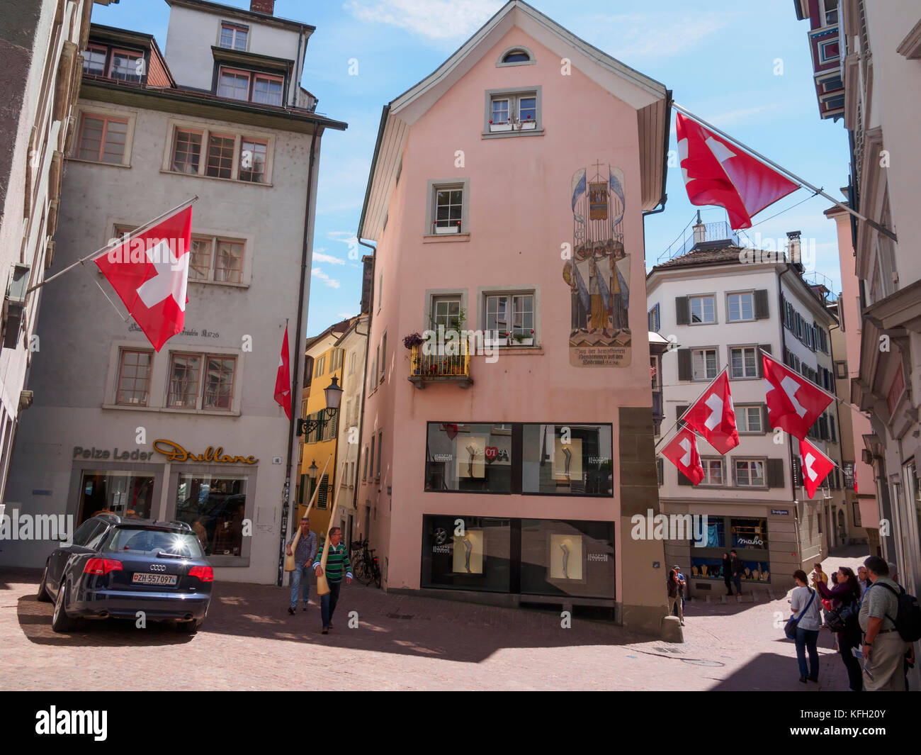 Musicians with alpenhorns on a street corner in Zurich, Switzerland Stock Photo