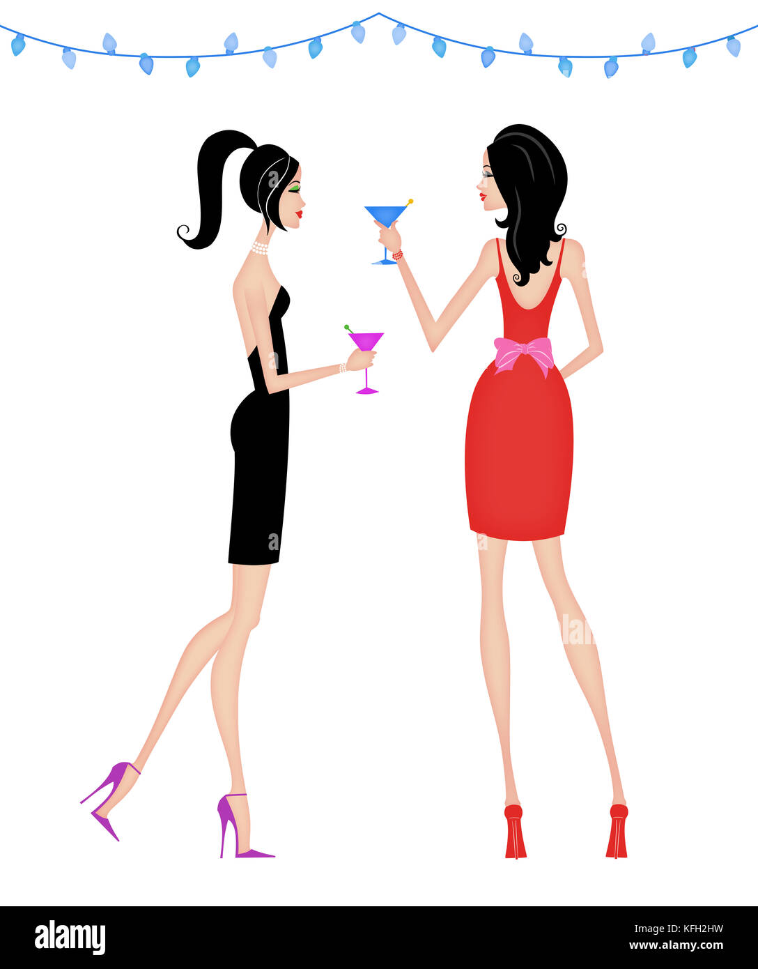 Two chic women having cocktails under party lights isolated on white Stock Photo